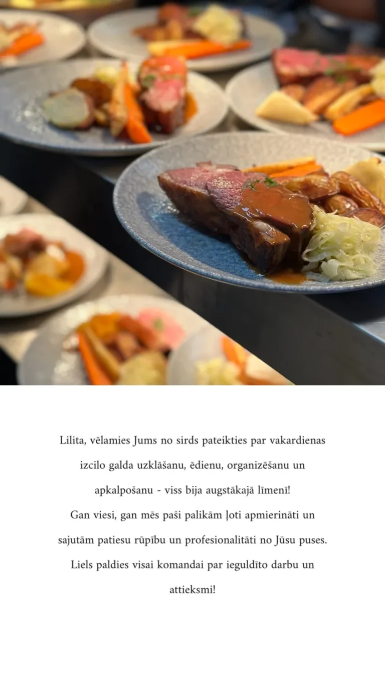 Liellopa pamatēdiens ar ceptiem dārzeņiem, gatavs pasniegšanai banketā Miró restorānā