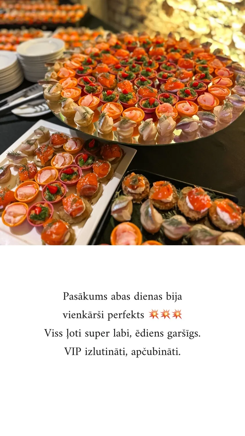 Uzkodu galds ar lasi, siļķi un garnelēm divu dienu VIP pasākumā, Miró restorāna ēdināšana